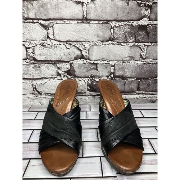 Naya Black Leather Cross Strap Casual Wooden Heel Sandals Women’s Sz 7M US/38EU - Picture 2 of 16